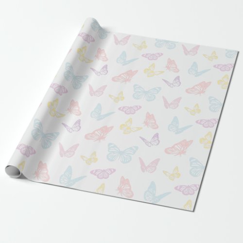 Elegant White Pastel Pink Blue Butterfly Pattern Wrapping Paper