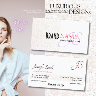 Elegant White Pastel Purple Glitter Stars Monogram Business Card