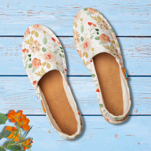 Elegant White Peach Floral Gold Accents Espadrilles
