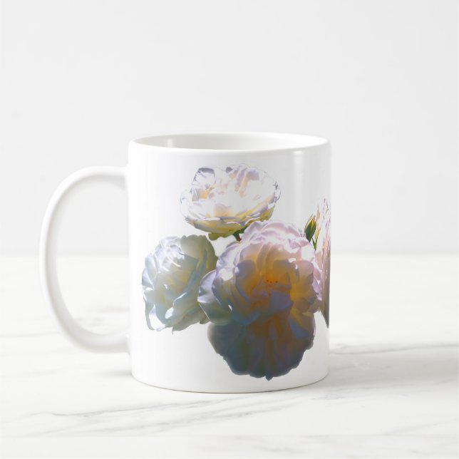 Elegant white peach orange blush roses coffee mug (Left)