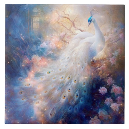 Elegant White Peacock and Abstract Flowers Ceramic Tile