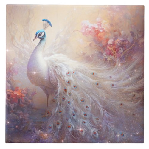 Elegant White Peacock and Abstract Flowers Ceramic Tile