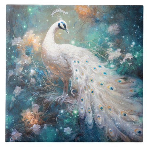 Elegant White Peacock and Abstract Flowers Ceramic Tile