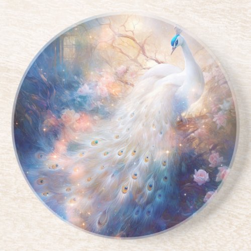 Elegant White Peacock and Abstract Flowers Coaster