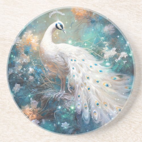 Elegant White Peacock and Abstract Flowers Coaster