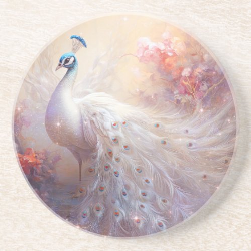 Elegant White Peacock and Abstract Flowers Coaster