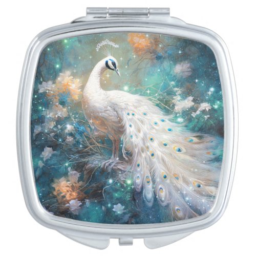 Elegant White Peacock and Abstract Flowers Compact Mirror