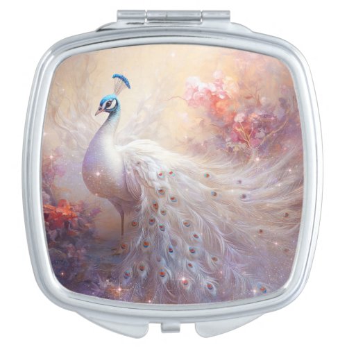 Elegant White Peacock and Abstract Flowers Compact Mirror