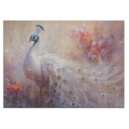 Elegant White Peacock and Abstract Flowers Cutting Board
