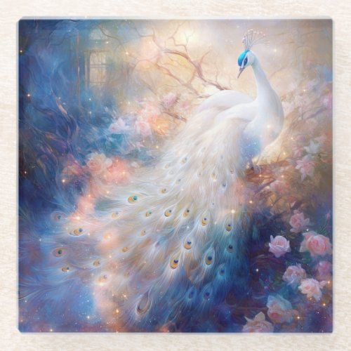 Elegant White Peacock and Abstract Flowers Glass Coaster