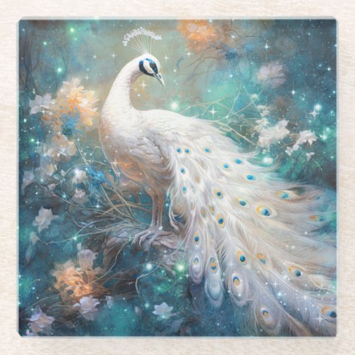 Elegant White Peacock and Abstract Flowers Glass Coaster