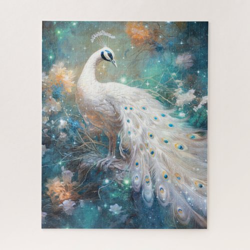 Elegant White Peacock and Abstract Flowers Jigsaw Puzzle