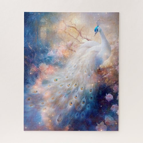 Elegant White Peacock and Abstract Flowers Jigsaw Puzzle
