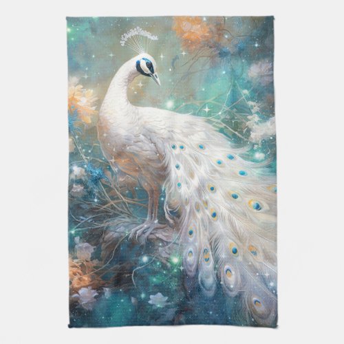 Elegant White Peacock and Abstract Flowers Kitchen Towel