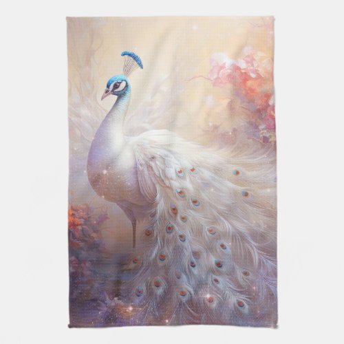 Elegant White Peacock and Abstract Flowers Kitchen Towel