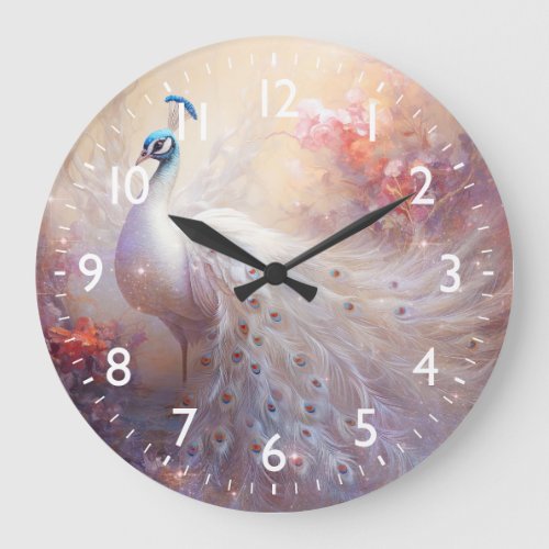 Elegant White Peacock and Abstract Flowers Large Clock