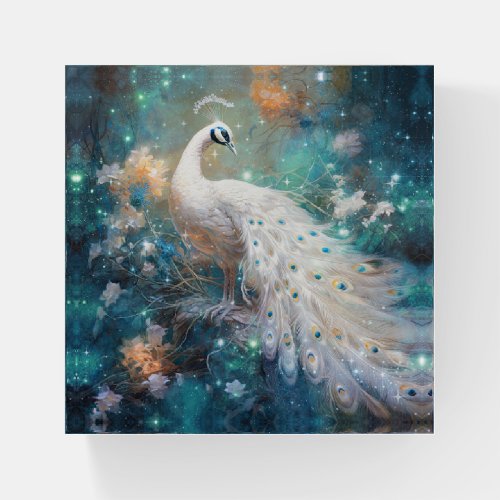 Elegant White Peacock and Abstract Flowers Paperweight
