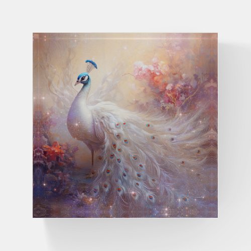 Elegant White Peacock and Abstract Flowers Paperweight
