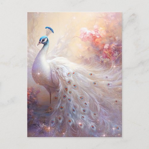 Elegant White Peacock and Abstract Flowers Postcard
