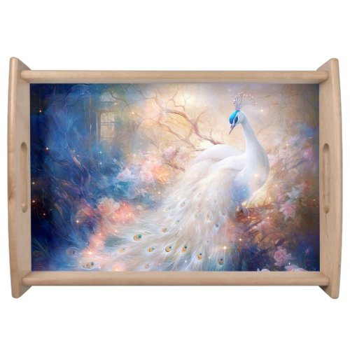 Elegant White Peacock and Abstract Flowers Serving Tray