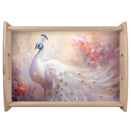 Elegant White Peacock and Abstract Flowers Serving Tray