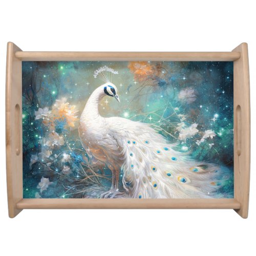Elegant White Peacock and Abstract Flowers Serving Tray