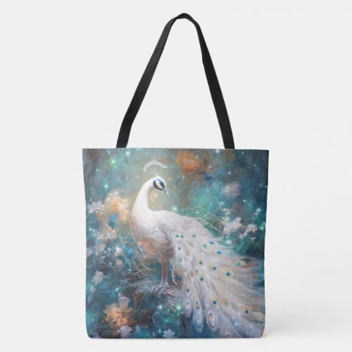 Elegant White Peacock and Abstract Flowers Tote Bag