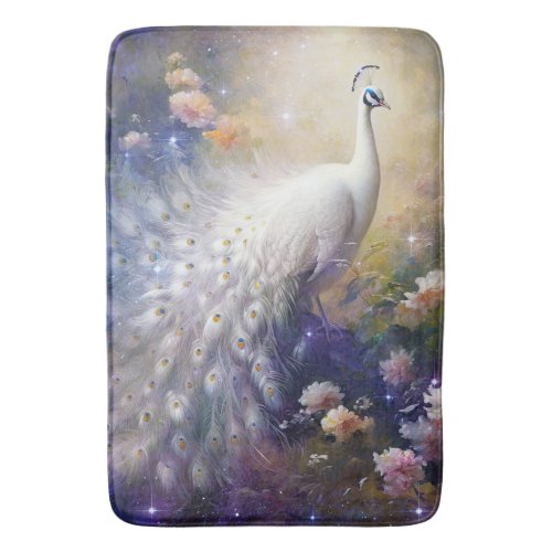 Elegant White Peacock and Flowers Bath Mat