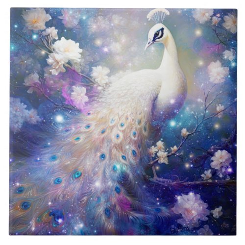 Elegant White Peacock and Flowers Ceramic Tile