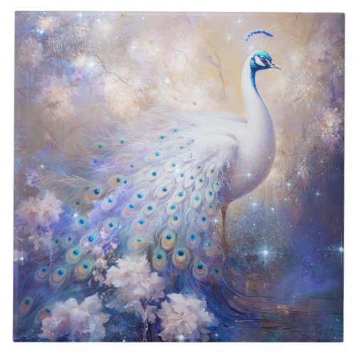 Elegant White Peacock and Flowers Ceramic Tile