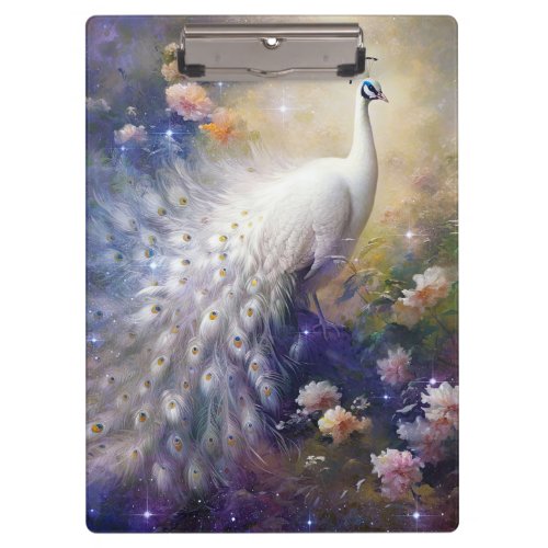 Elegant White Peacock and Flowers Clipboard