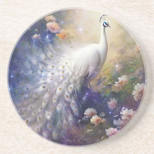 Elegant White Peacock and Flowers Coaster