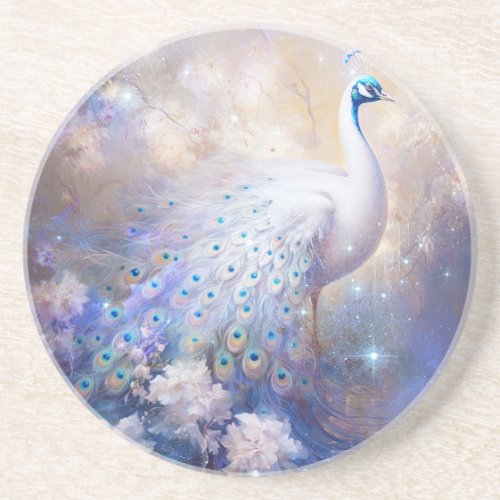 Elegant White Peacock and Flowers Coaster