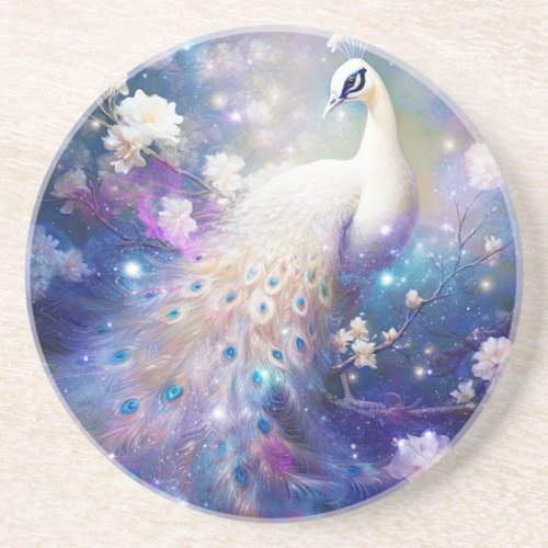 Elegant White Peacock and Flowers Coaster