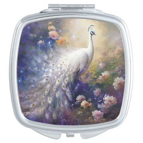 Elegant White Peacock and Flowers Compact Mirror
