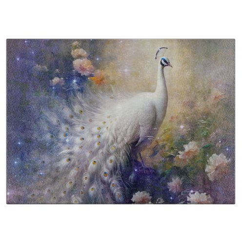 Elegant White Peacock and Flowers Cutting Board