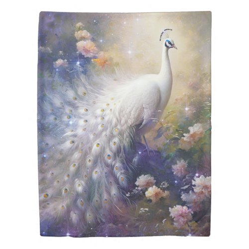 Elegant White Peacock and Flowers Duvet Cover
