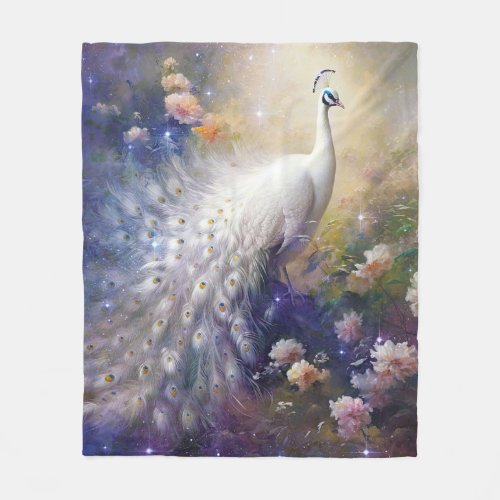 Elegant White Peacock and Flowers Fleece Blanket