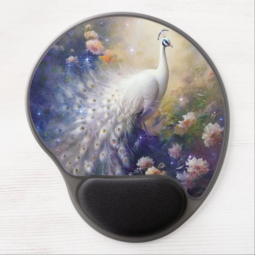 Elegant White Peacock and Flowers Gel Mouse Pad