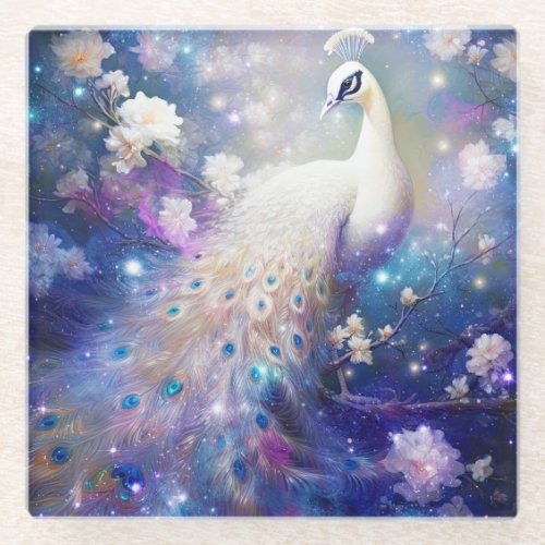 Elegant White Peacock and Flowers Glass Coaster