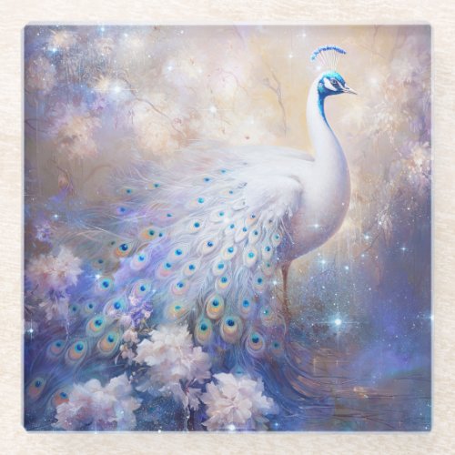 Elegant White Peacock and Flowers Glass Coaster