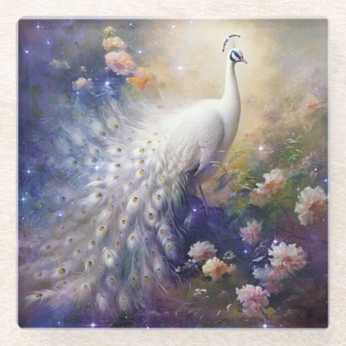Elegant White Peacock and Flowers Glass Coaster