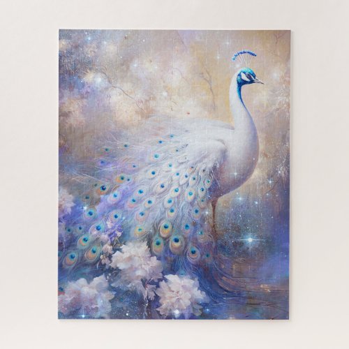 Elegant White Peacock and Flowers Jigsaw Puzzle