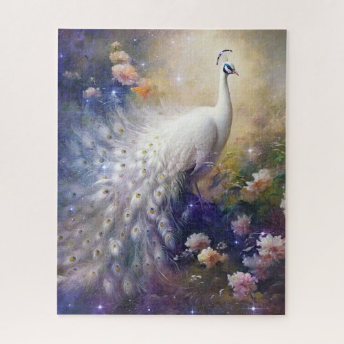 Elegant White Peacock and Flowers Jigsaw Puzzle