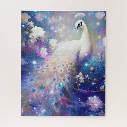 Elegant White Peacock and Flowers Jigsaw Puzzle