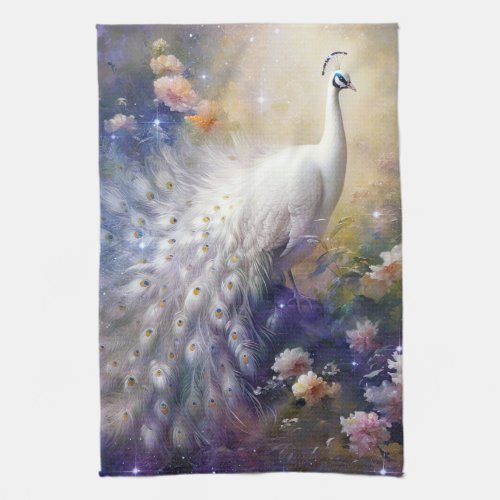 Elegant White Peacock and Flowers Kitchen Towel