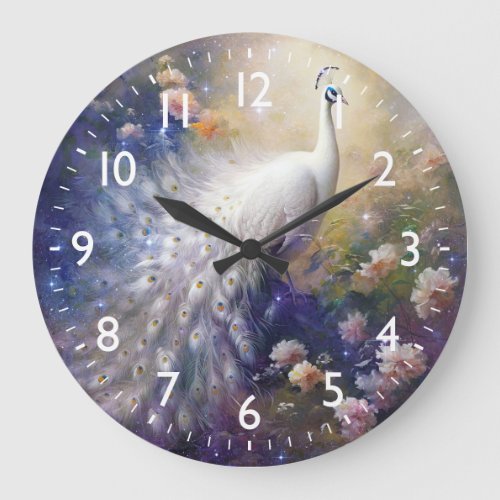 Elegant White Peacock and Flowers Large Clock