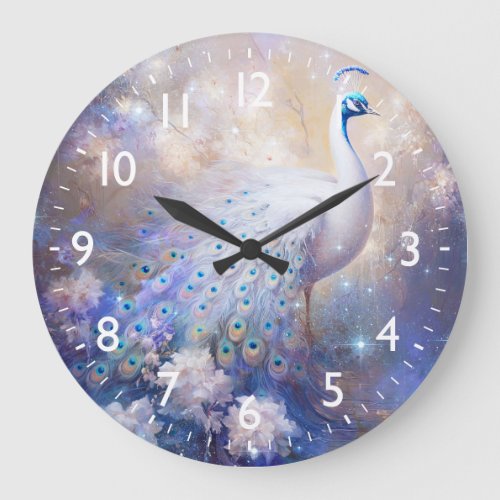 Elegant White Peacock and Flowers Large Clock
