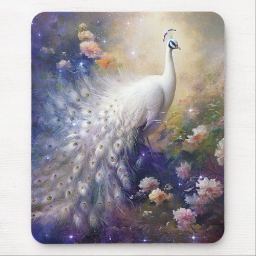 Elegant White Peacock and Flowers Mouse Pad