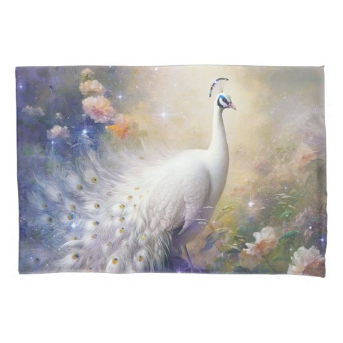 Elegant White Peacock and Flowers Pillow Case